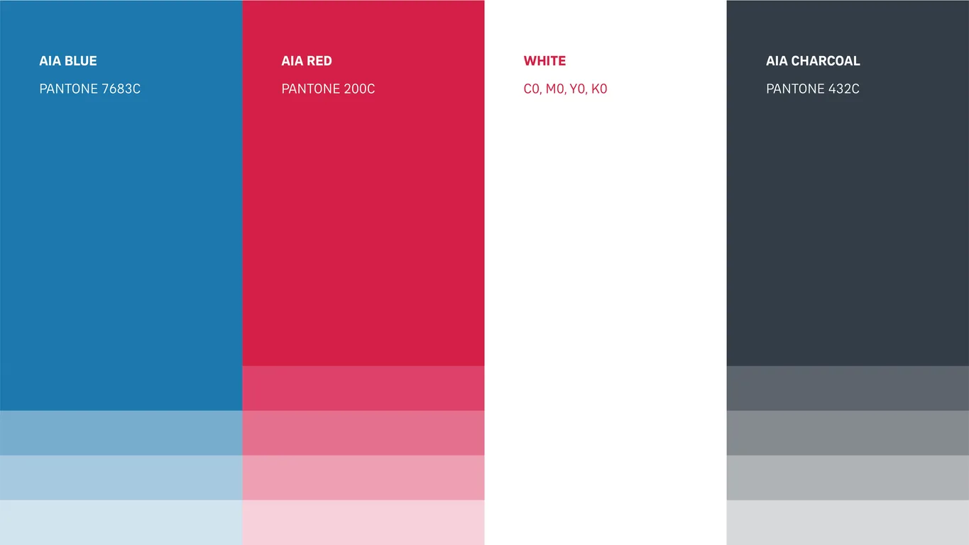 AIA Shared Services color palette showing AIA Blue, AIA Red, white and charcoal with Pantone codes