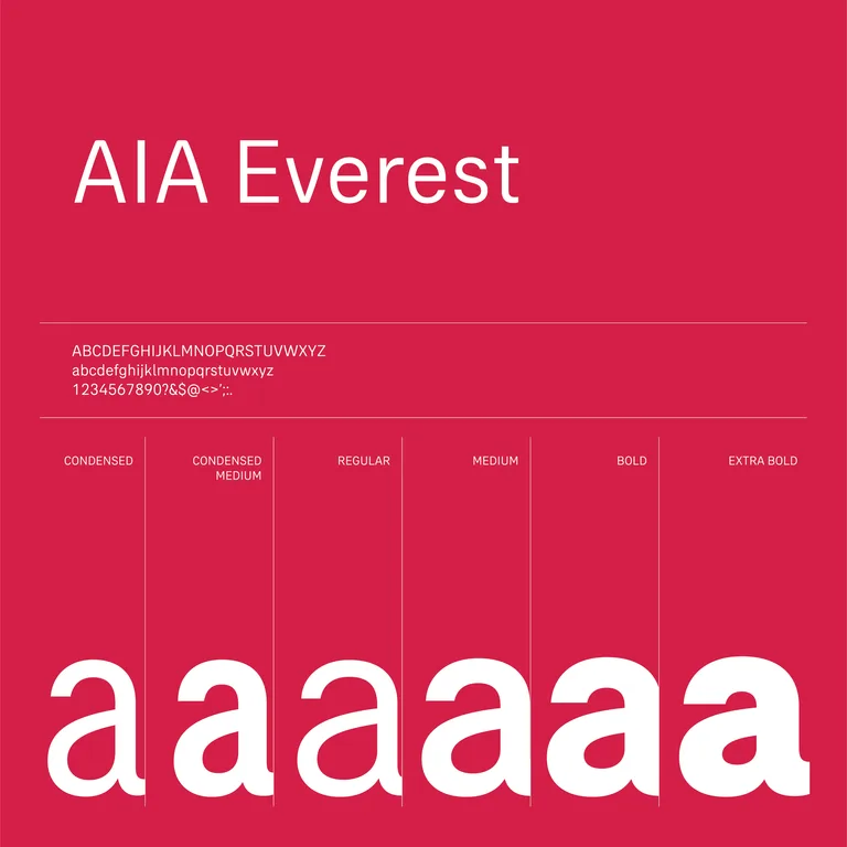AIA Everest typeface page for AIA Shared Services showing the character set and six weights