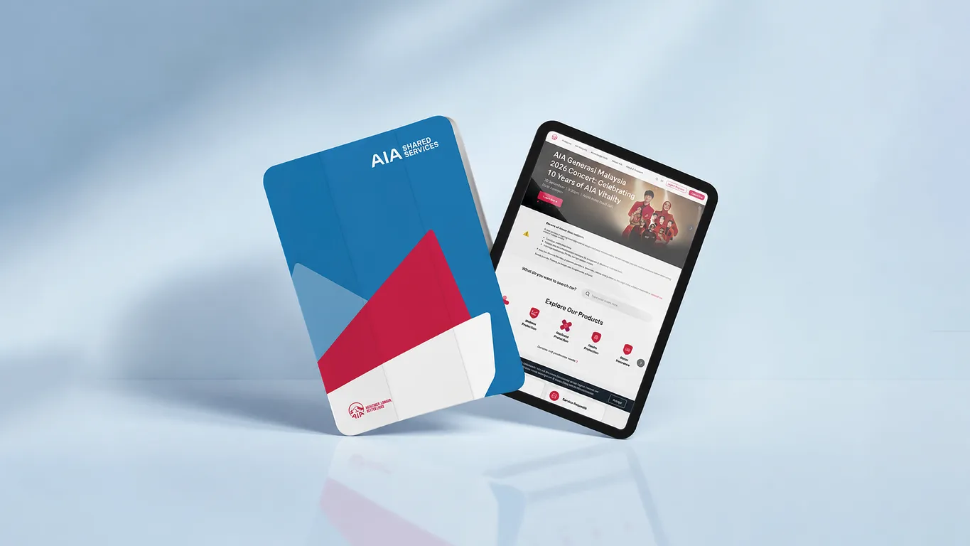 Blue branded cover with the AIA Shared Services logo beside a tablet showing the AIA website