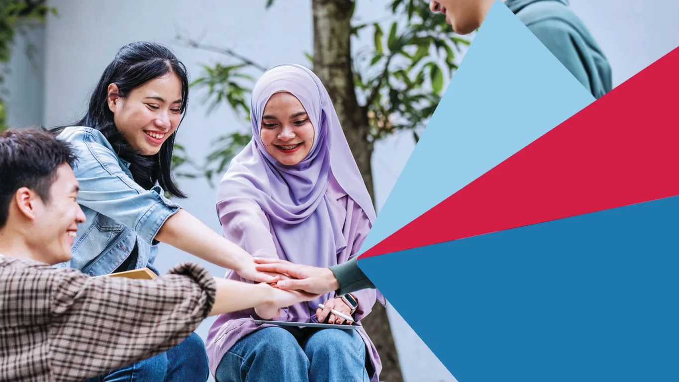 AIA Shared Services imagery style pairing colleagues joining hands with red and blue mountain shapes