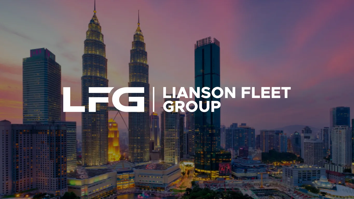 Lianson Fleet Group logo in white over the Kuala Lumpur skyline and Petronas Twin Towers at dusk