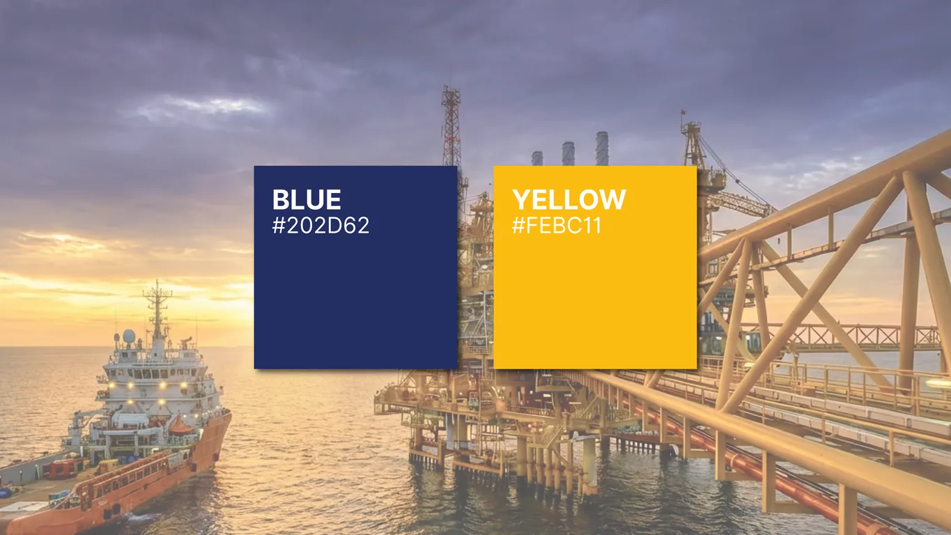 Lianson Fleet Group brand color palette, navy #202D62 and yellow #FEBC11, over an offshore vessel and platform