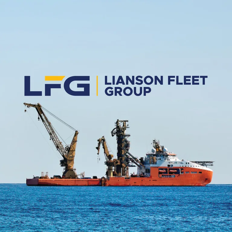Lianson Fleet Group logo in navy and yellow above an orange offshore vessel with deck cranes