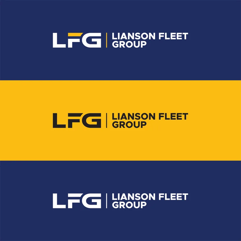 Lianson Fleet Group logo lockup in three colorways across navy and yellow backgrounds