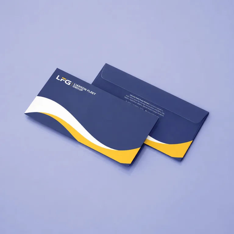 Lianson Fleet Group business envelopes in navy with the logo and yellow wave graphic