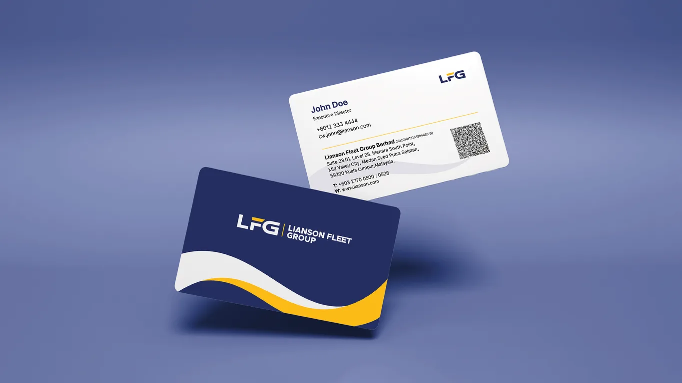 Lianson Fleet Group business cards showing the navy front and reverse with contact details and QR code