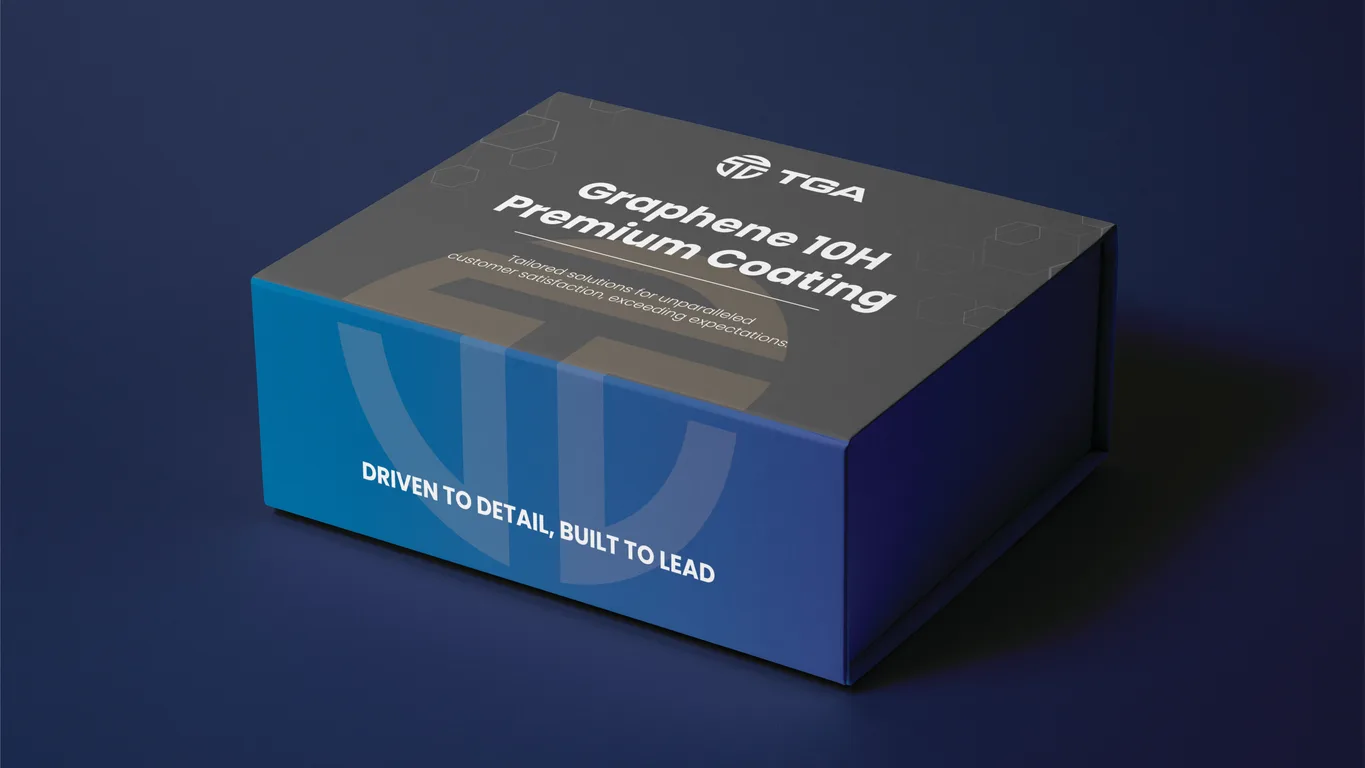 Rigid presentation box for a TGA graphene coating product in the blue gradient packaging system
