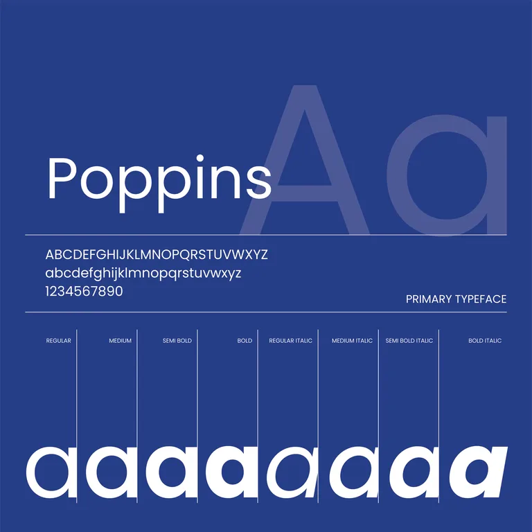 Brand manual typography page setting out TGA's primary typeface with full character set and weights
