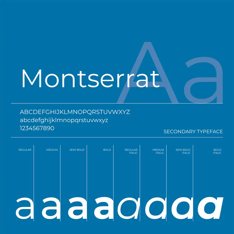 Companion typeface page for TGA showing Montserrat capitals, lower case, numerals and eight weights