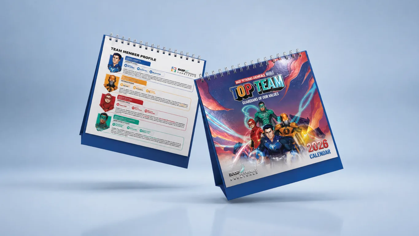 BASF Malaysia 2026 desk calendar cover beside a Wire-O page profiling the four superhero characters