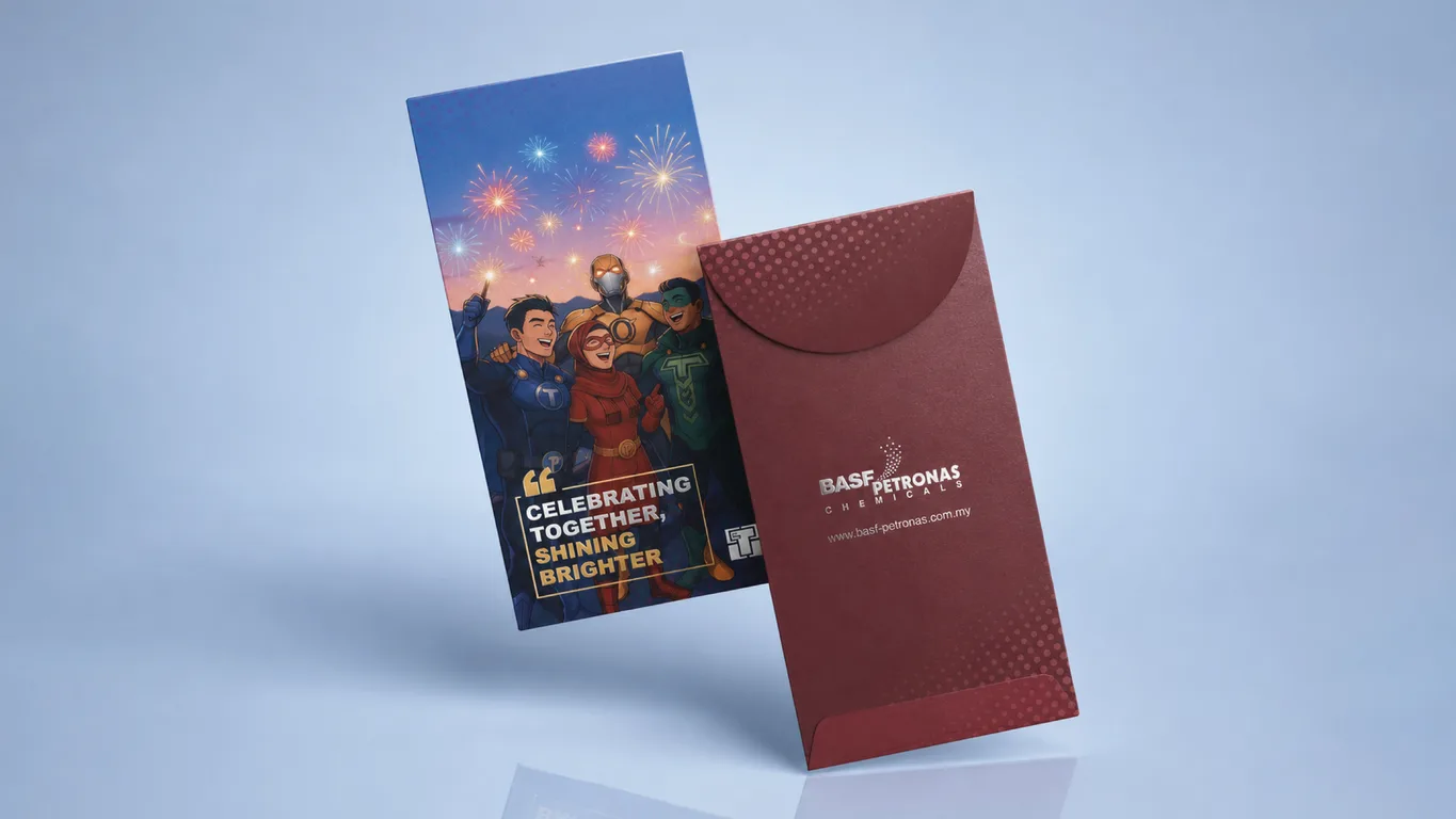 BASF Malaysia festive packets showing the celebrating heroes illustration and the maroon reverse carrying the logo
