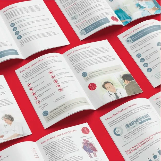 Edwards Lifesciences brochure spread with precise typography and white space