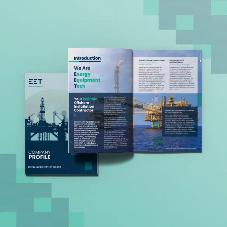 EET business cards and letterhead in the teal and blue palette