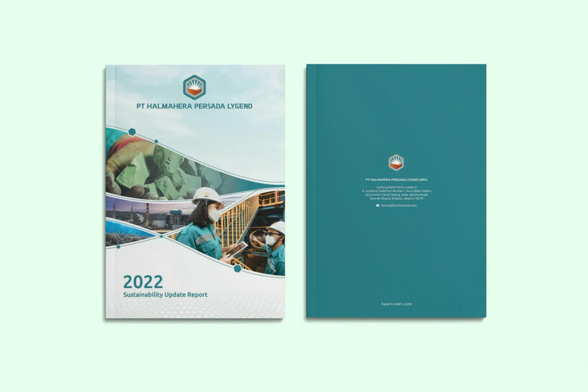 HPL sustainability report cover in teal and green environmental palette