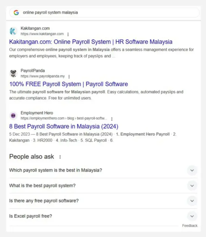 Kakitangan.com feature page showing payroll and HR tools