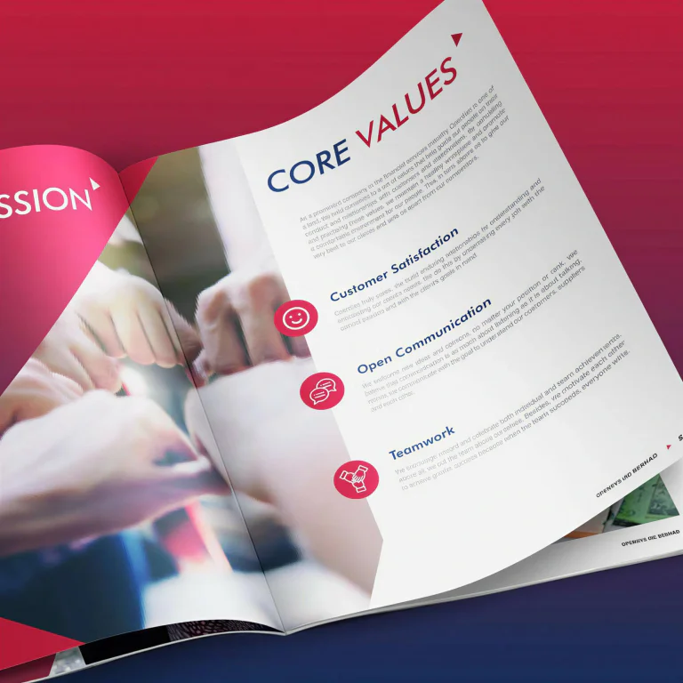 OpenSys company profile spread with triangular overlays and diagonal framing