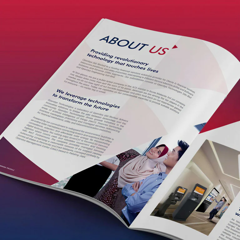 OpenSys company profile cover with deep plum to navy palette and red accents