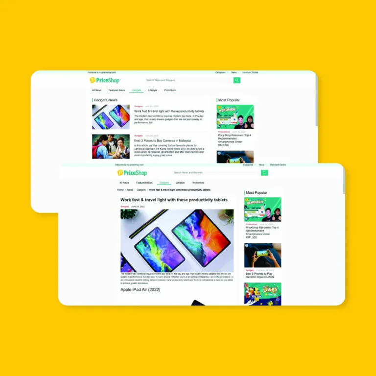 PriceShop website mockup showing consumer electronics buying-guide articles