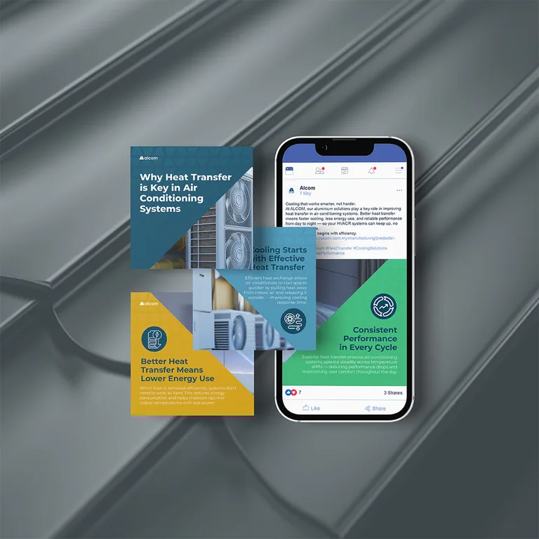 Alcom post on aluminum's role in air conditioning heat transfer, shown in-feed on a phone beside three carousel slides