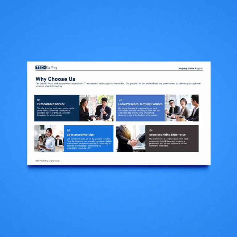 TECH Staffing PowerPoint capability overview slide with workspace imagery