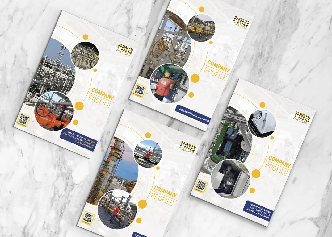RMA Fiventures company profile covers with circular photography cut-outs fanned on marble