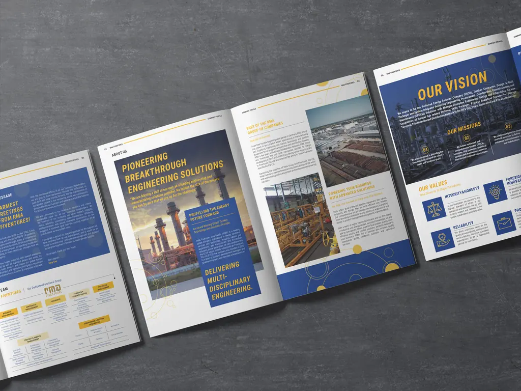 RMA Fiventures profile spread opened to Our Vision, run in navy and yellow with industrial photography