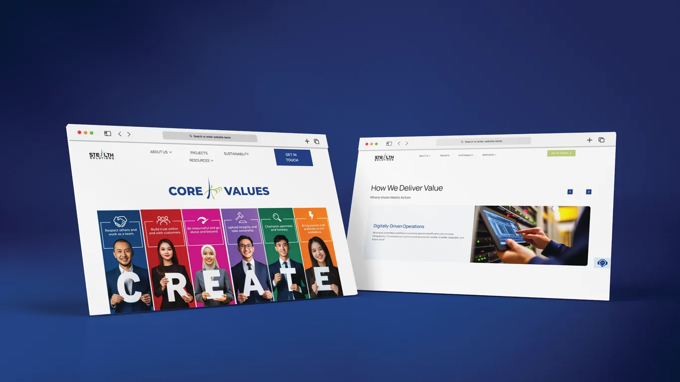 Stealth Solutions website core values page with color-coded panels beside the value-delivery section