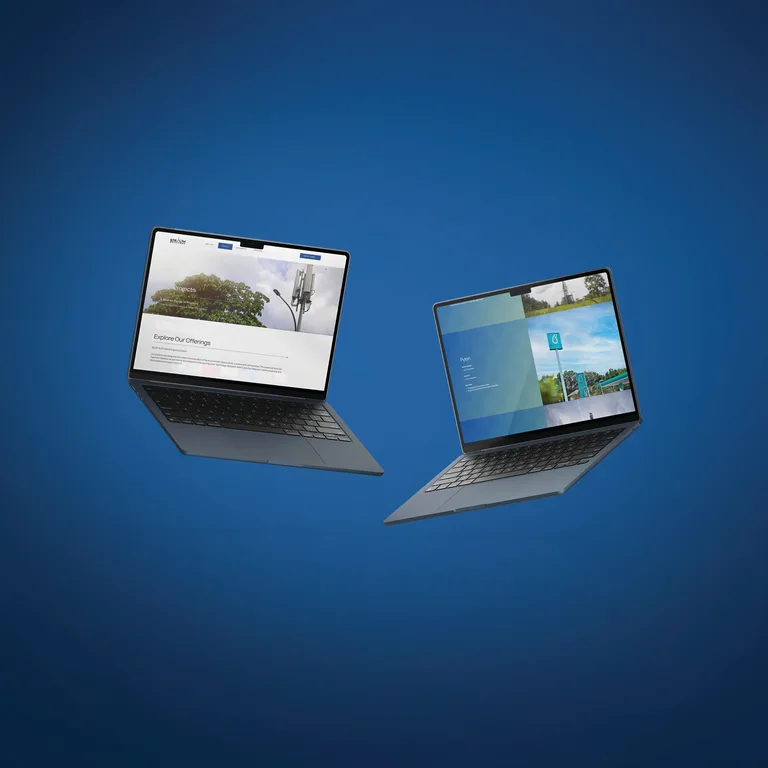 Stealth Solutions projects page with telecommunications tower imagery and an offering specification page on laptops