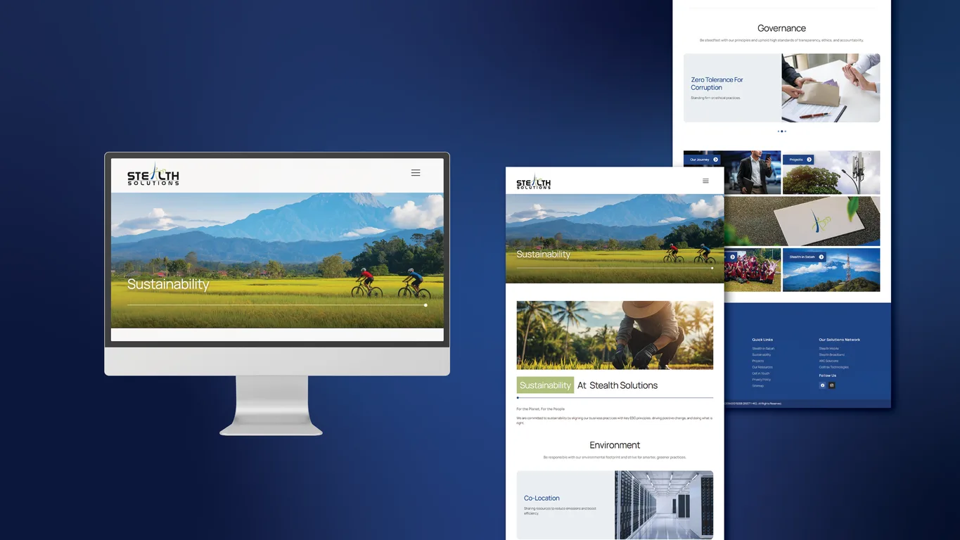 Stealth Solutions sustainability page on a desktop monitor beside environment and governance content sections